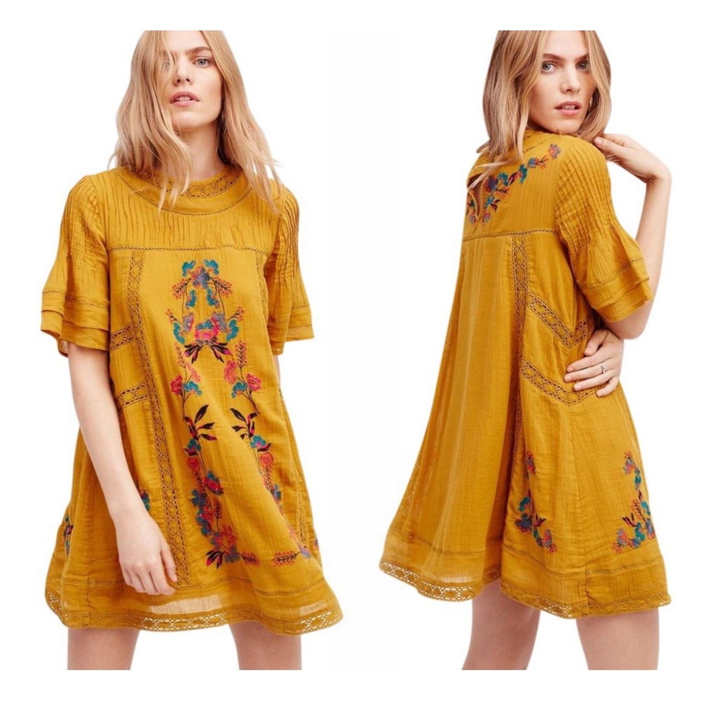 Free People Perfectly Victorian Mini Dress XS Yellow Embroidered Boho Peasant